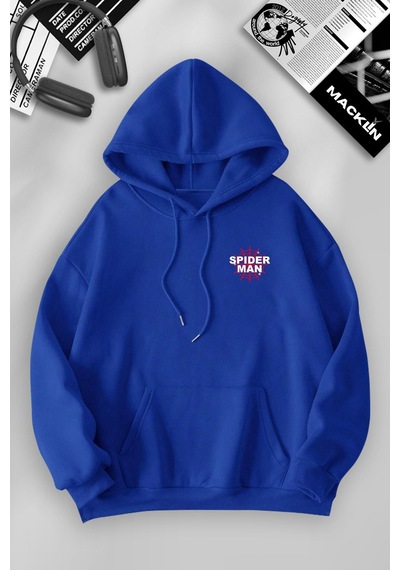 Macklin Unisex Kadın Erkek Marvel Spiderman Ön Ve Arka Baskılı Özel Tasarım Kapşonlu Sweatshirt Mavi Mck1203 Mavi