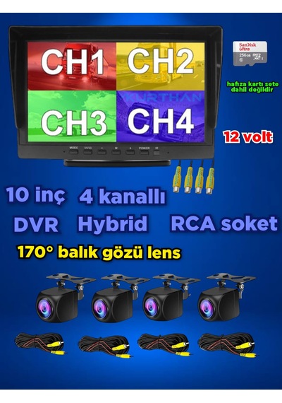 Hybrid Dvr 10'' Ekran 4 Ad 170'' Balık Gözü Lens Geniş Açı Kamera