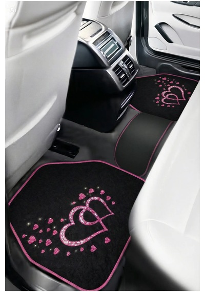 Kadınlar İçin Özel Tasarım: Pembe Kalp Ve Işıltılı Siyah Paspas Takımı - Araba İçi Şıklık Ve Koruma