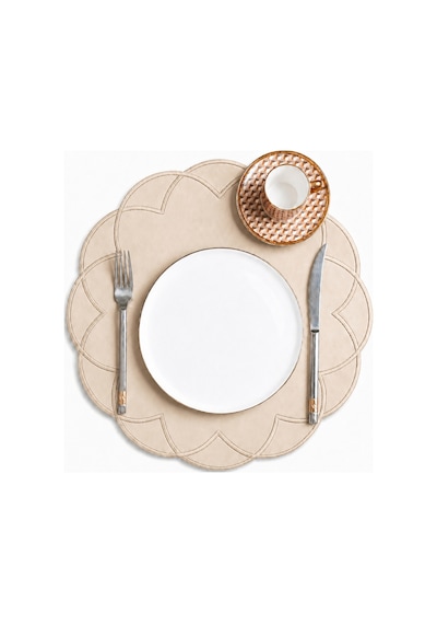 Nakışlı Deri Amerikan Servis 2'li Set Çift Taraflı Yuvarlak Supla 40x40 Cm Vance Bej