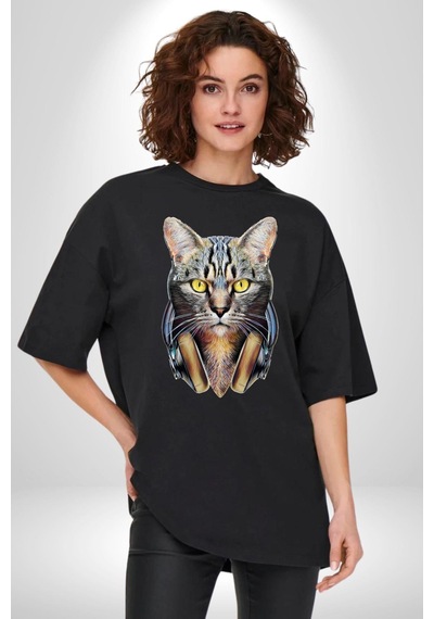 Kulaklık Kedi Pamuklu Bisiklet Yaka Unisex Oversize Boyfriend Dijital Baskılı Siyah T-shirt Siyah