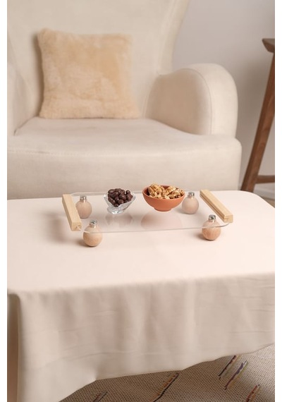 Ahşap Top Ayaklı Pleksi Şeffaf Dekoratif Tepsi, Düzenleyici,sunumluk 005166 10'li Paket