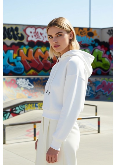 Benerly Kadın Kapüşonlu Düşük Kol Uzun Kollu Basic Örme Crop Sweatshirt F Ekru