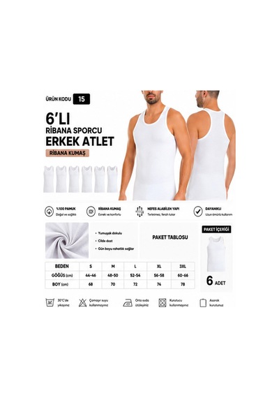 Yıldız Çamaşır Erkek Ribana Sporcu %100 Pamuk Atlet 15-17-19 - 6 Adet Beyaz