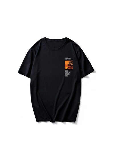 Beach Logo T-shirt - Siyah Baskılı Oversize Bisiklet Yaka Kısa Kol SIYAH