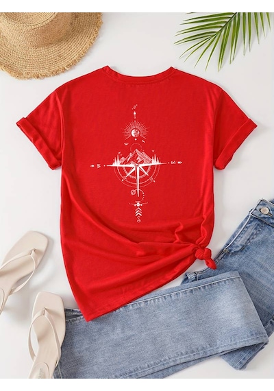 Unisex Yön Gösteren Baskılı Tasarım Tshirt Kırmızı