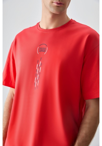 Air Jones Tommy Life Fiesta %100 Pamuk Kalın Yumuşak Dokulu Oversize Fit Baskılı Erkek T-shirt - 88355 Kirmizi