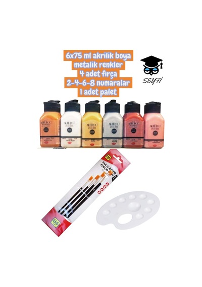 Artdeco 6x75 Ml Akrilik Boya Metalik Renkler 4 Adet Fırça 2-4-6-8 Numaralar 1 Adet Palet 0000 Naturel