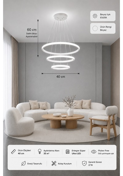 Rizon 3 Lü Led Sarkıt Avize Beyaz Işık