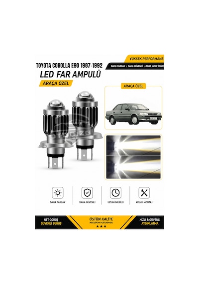 Toyota Corolla E90 1987-1992 H4 Led Far Ampulü Beyaz Işık Canbus Mini Lensli 2'li Set
