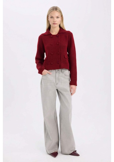 DeFacto Regular Fit Polo Yaka Basic Düz Düğmeli Triko Hırka E2289AX24WNBR93 Bordo