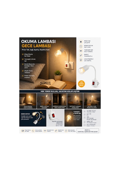 Esnek Boyunlu Priz Tipi Okuma Lambası Gece Lambası E27 Anahtarlı 4w Rustik Led Ampul Dahil Günışığı Gün Işığı