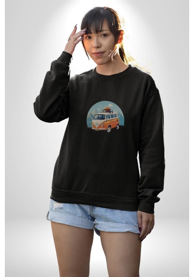Wolkswagen Karavan Kış Gezisi Unisex Siyah Baskılı Sweatshirt Siyah