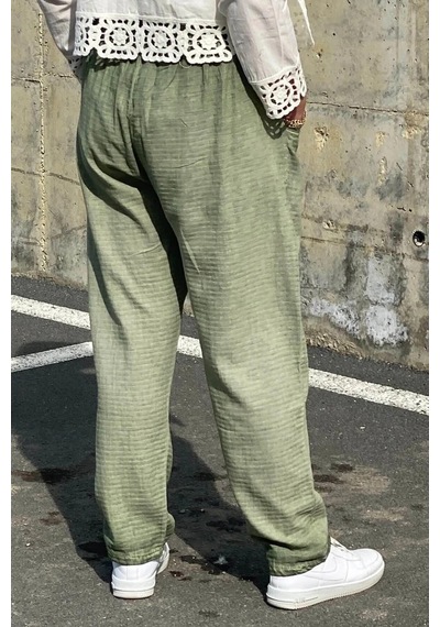 Mia Butik Büyük Beden Yeşil Beli Lastikli Keten Pantolon Yeşil