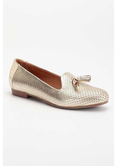 Analin Shoes Kadın Hakiki Deri Baskılı Püsküllü Babet Altın