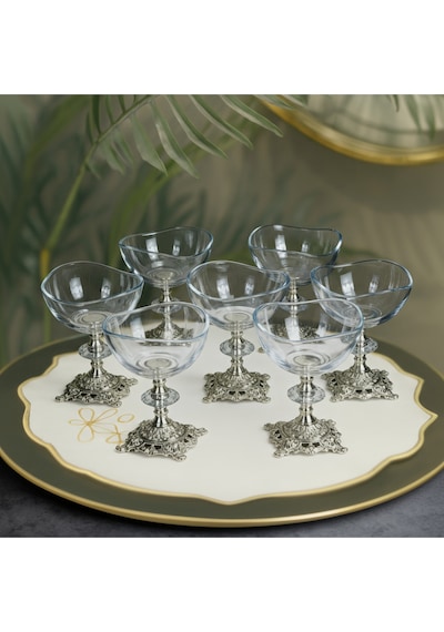 Elta Collection 6 Adet Metal Ayaklı Gümüş Detaylı Vira Magnolia-kase-dondurmalık-şekerlik Gri