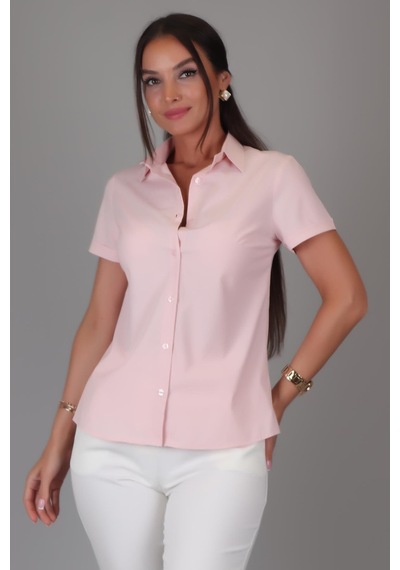 Sweetness Kadın Pudra Pembe Likralı Kısa Kol Pamuklu Klasik Gömlek Pembe