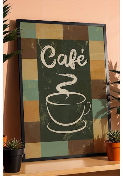 Retro Café Sanatsal Tasarım Çerçeveli Tablo - Vintage Kahve Köşesi Duvar Dekoru Siyah