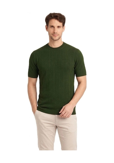 Erkek Yazlık Fitilli Triko Tişört Kısa Kol Bisiklet Yaka T-shirt - Haki