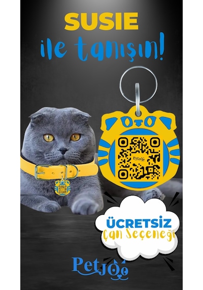 Petjoo 3.Susie Mavi-Sarı Qr'lı Kedi Künyesi