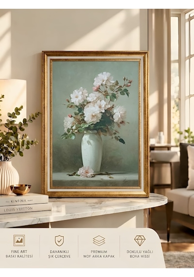 Varaklı Gold Çerçeveli Yağlı Boya Dokulu Büyük Boy Salon Tablosu - Yeşil Fonda Vazoda Beyaz Güller Sanat Eseri Klasik Vintage Dekoratif Duvar Tablosu 50x70 Cm / Çerçeveli 60x80 Cm Varaklı Gold Çerçeveli Yağlı Boya Dokulu Büyük Boy Salon Tablosu - Yeşil Fonda Vazoda Beyaz Güller Sanat Eseri Klasik Vintage Dekoratif Duvar Tablosu 50x70 Cm / Çerçeveli 60x80 Cm