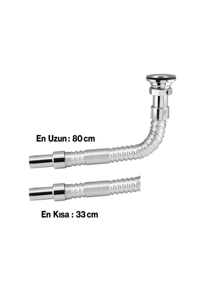 80 Cm Krom Körüklü Lavabo Gider Borusu Esnek Metal Lavabo Sifon Hortumu, Uzatılabilir Gider B