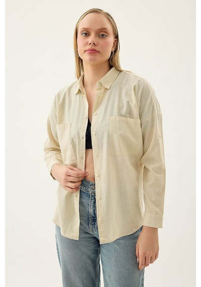 Vitrin Basic Oversize Önden Cepli Gömlek Taş