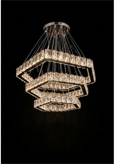 Kristal Taşlı Led Avize Sarkıt 3 Renk Işık Kumandalı Cam 3 Katlı Altıgen Salon Villa Avizesi Gümüş