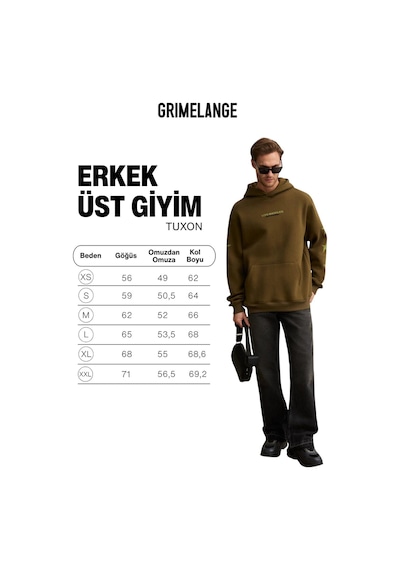 Grimelange Tuxon Erkek Yumuşacık İçi Polarlı Baskı Detaylı Kangru Cepli Regular Haki Sweatshirt Haki