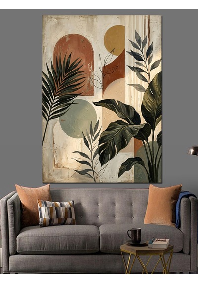 Pastel Tonlarda Modern Bitki Kolajı Dekoratif Kanvas - Mdf Ahşap Tablo