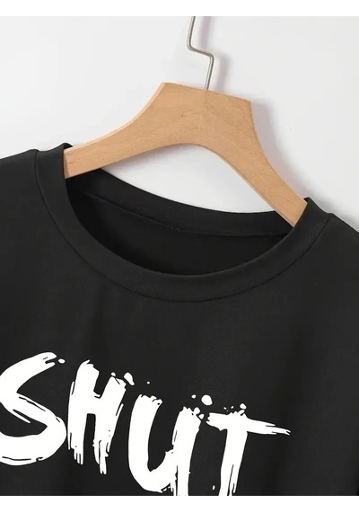 Kadın Tişört Shut Up Baskılı Kısa Kol Bisiklet Yaka T-shirt - Siyah