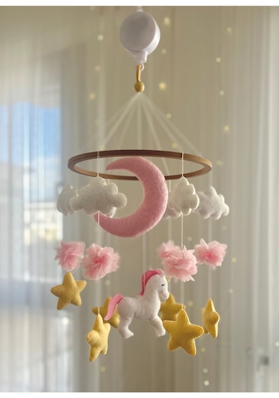 Unicorn Figürlü Kız Bebek Beşik Süsü Müzikli Dönence