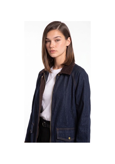 CEMO Kadın Denim Ceket Kadife Yaka Detaylı Fermuarlı Cepli Lacivert