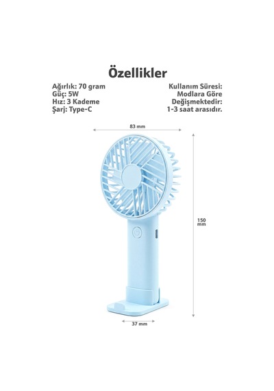 Standlı 3 Mod Şarjlı El Fanı 3 Kademe Seyahat Masaüstü Vantilatör Taşınabilir Mini Fan Mavi F137