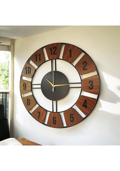 Ahşap Siyah Ceviz Renk Desenli Sayılı Hediyelik Sessiz Duvar Saati 50cm Kahverengi