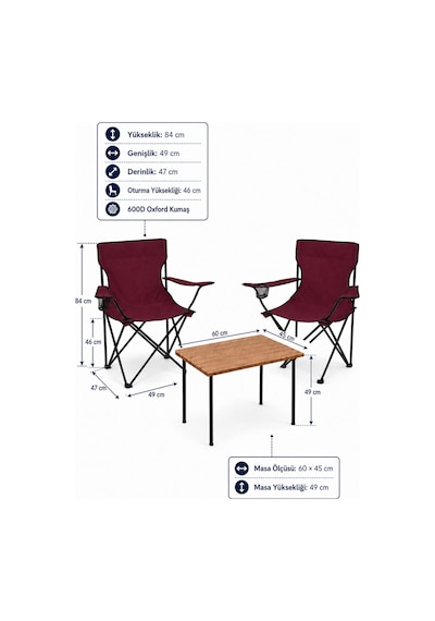 2 Sandalyeli Katlanır Kamp Masa Sandalye Seti 60x45 Cm 3 Parça Bordo