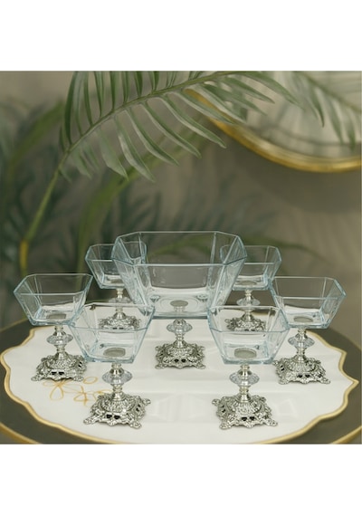 Elta Collection Karen 7 Parça Döküm Gümüş Ayaklı Sunumluk Seti Magnolia Dondurmalık Cup Ve Salata Kase Seti gümüş