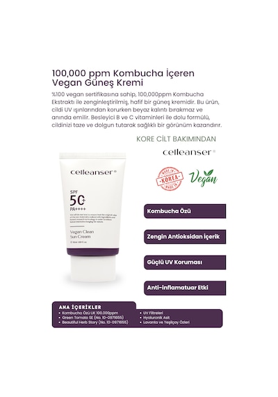 Celleanser Kombucha İçeren Vegan Güneş Kremi SPF50+ 50 ML