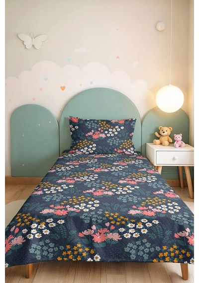 Çiçekli Lacivert Genç Kız Odası Pike Takımı - Botanik Pembe Sarı Mevsimlik Yatak Örtüsü - 160x220 Cm Gizli İpek Aurası