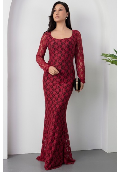Kalopya Kare Yaka Dantel Balık Elbise Ap-3005 Bordo