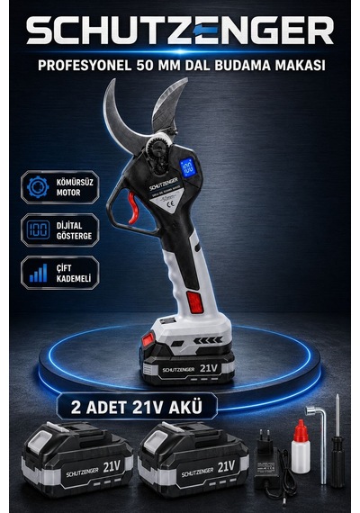 Dijital Kesim Göstergeli Dal Budama Bağ Makası 2 Adet 10 Pilli Batarya 50mm Bıçak Ağzı Kömürsüz Motor Gri-c77
