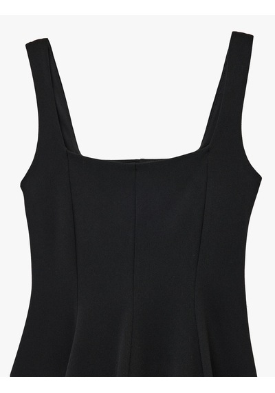 Koton Krep Scuba Kumaş Kare Yaka Kalın Askılı Mini Kloş Elbise Siyah 6sak80265ek