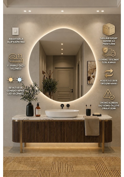 Arya Asimetrik Ledli Ayna Dokunmatik Modern Banyo Aynası Şık Tasarım Konsol Aynası Dekoratif Duvar Aynası Beyaz Günışığı Led 60 X 60