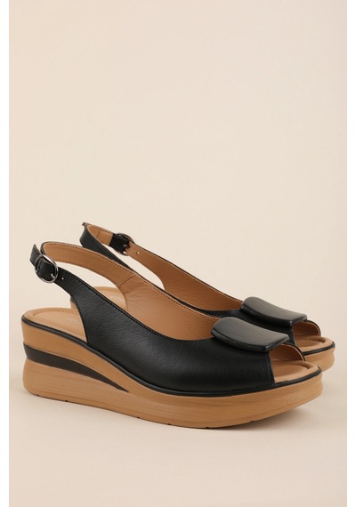 Gondol Hakiki Deri Platform Taban Sandalet Pkr.1802 Siyah