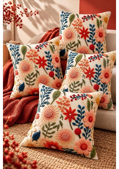 4'lü Set Çiçekli Dekoratif Kırlent Kılıfı 43x43 Cm, 3d Efektli Dijital Baskılı - Baharın Renkleri Çok Renkli