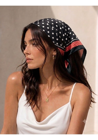 Trend Dokunuş Kadın 50-50 Saten Siyah-kırmızı Puantiyeli Fular Bandana Siyah - Kırmızı