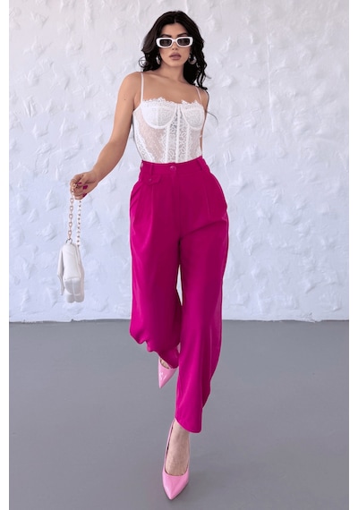 Paw Garage Kadın Jessia Bel Ve Paça Düğmeli Balon Model Likralı Kumaş Pantolon Fuşya