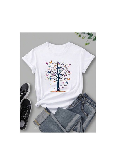 Medinenur Mini Kelebekler Baskılı Basic T-shirt Beyaz