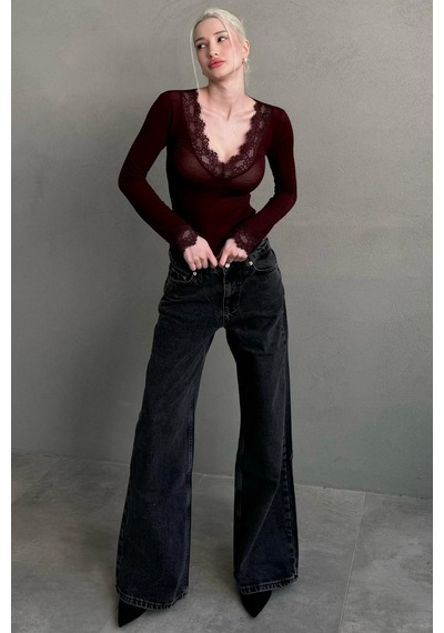 Madmext Bordo V Yaka Dantelli Transparan Kadın Bluz Mg2662 bordo