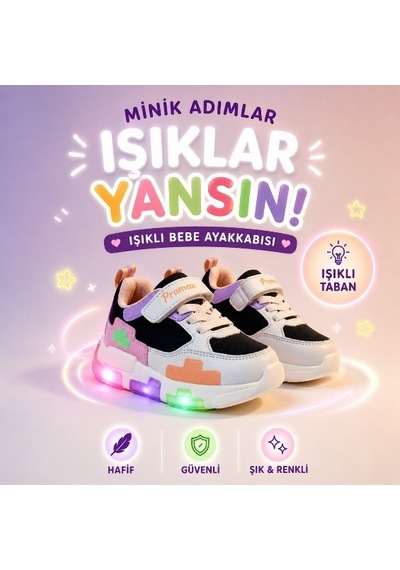 Promax Kız Çocuk Işıklı Cırtlı Bebe Spor Ayakkabısı 22-25 Siyah-pembe